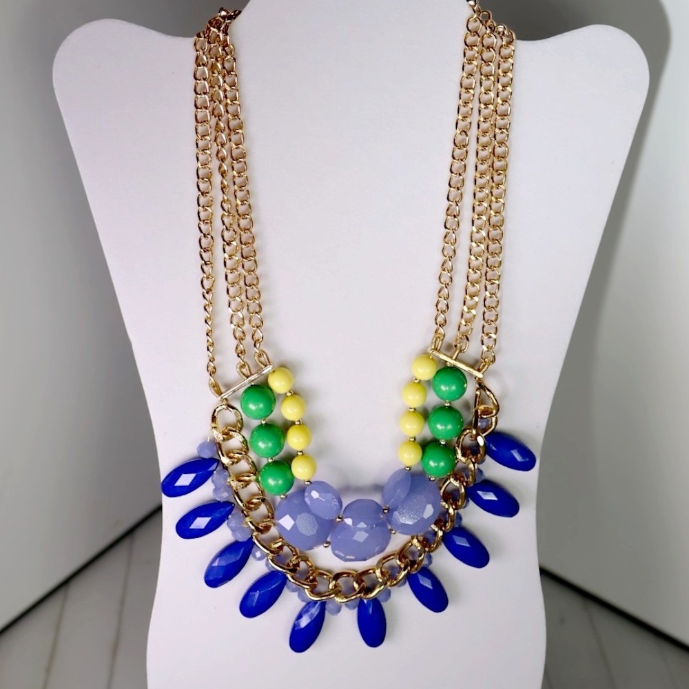 Talbots NOS Triple Strand Gold Chain Blue Green Yellow Beaded Statement Necklace